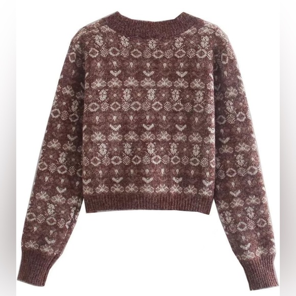 Cropped taupe brown Fair isle button up sweetheart neckline cardigan-size M-NWT - Picture 2 of 13